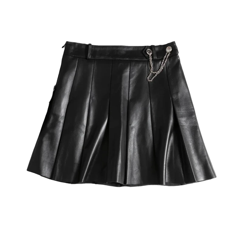 Lambskin Mini Pleated Skirt Women Playful College Style Japanese Chic Chain Short Jupe Black