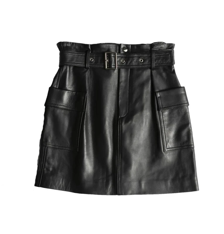 Leather Sheepskin Sexy Mini Skirt Women Spring South Fashion High Waist Retro A-Line Skirt Belt Pocket Black