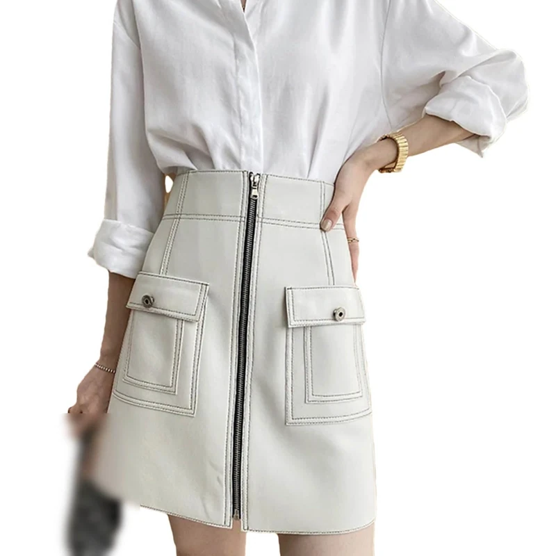 Women Harajuku Leather Skirt A-Line Sexy Mini White Chic Bright Line Zipper Pocket