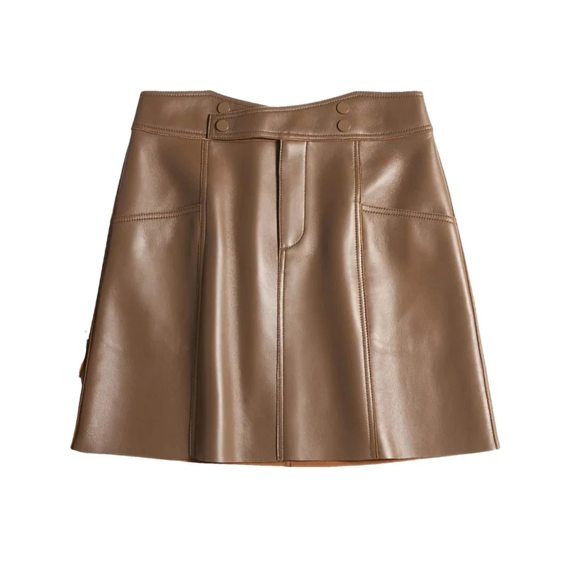 Winter Women Leather Mini Skirts Chic High Cross Waist A-Line Pocket Slim Sexy Streetwear Brown
