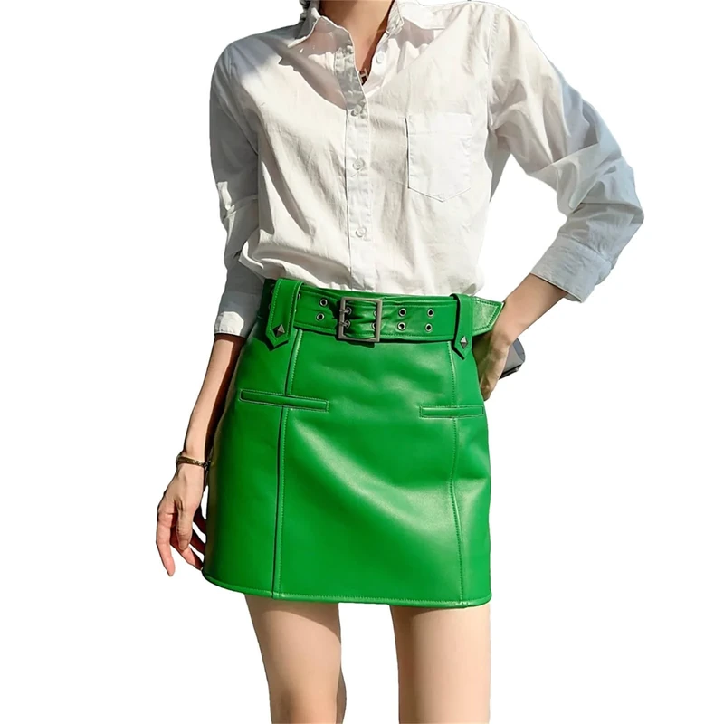 Leather Locomotive Skirt for Women Spicy Girl Cargo Skirt Double Row Hole Belt Slimming Mini Saias with Buttocks