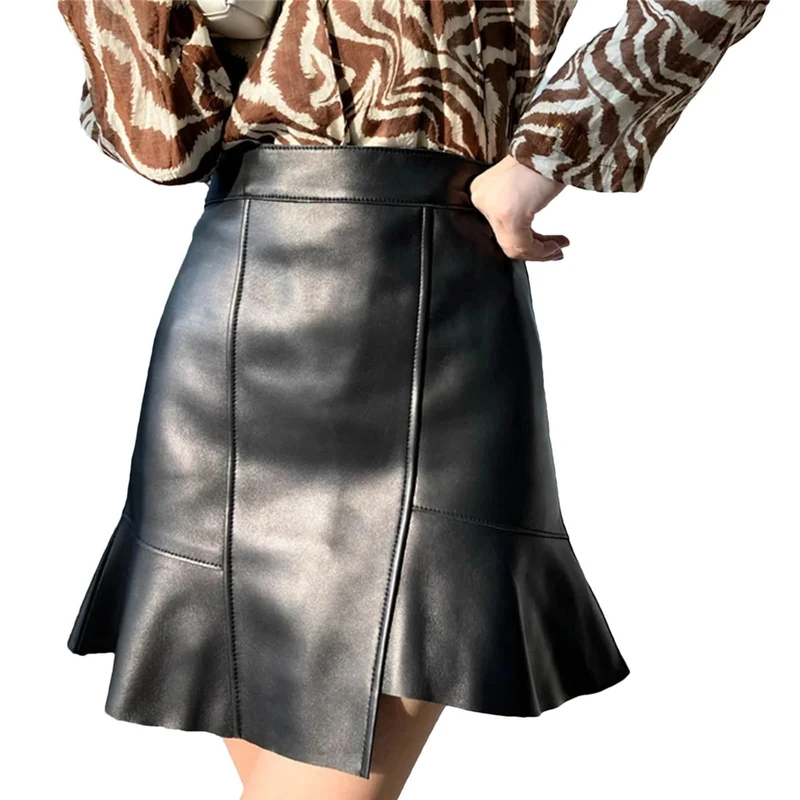 Mini Leather Fishtail Skirt Women Elegant Chic Real Lambskin Irregular Short High Waist Ruffled Black