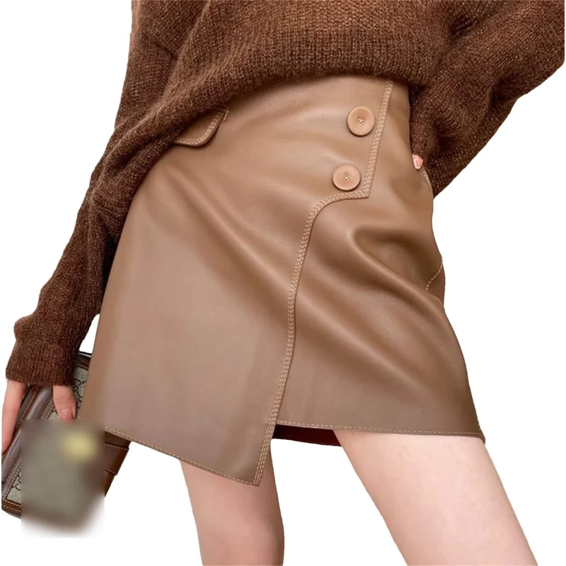 Women Spring Harajuku Sheepskin Leather Skirt A-Line Sexy Mini Irregular Pocket Buttons Brown