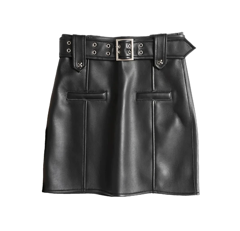 Leather Locomotive Skirt for Women Spicy Girl Cargo Skirt Double Row Hole Belt Slimming Mini Saias with Buttocks Black