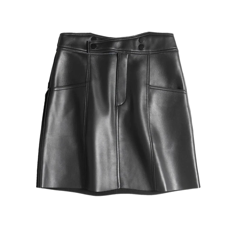 Winter Women Leather Mini Skirts Chic High Cross Waist A-Line Pocket Slim Sexy Streetwear Black