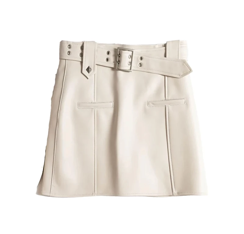 Leather Locomotive Skirt for Women Spicy Girl Cargo Skirt Double Row Hole Belt Slimming Mini Saias with Buttocks White
