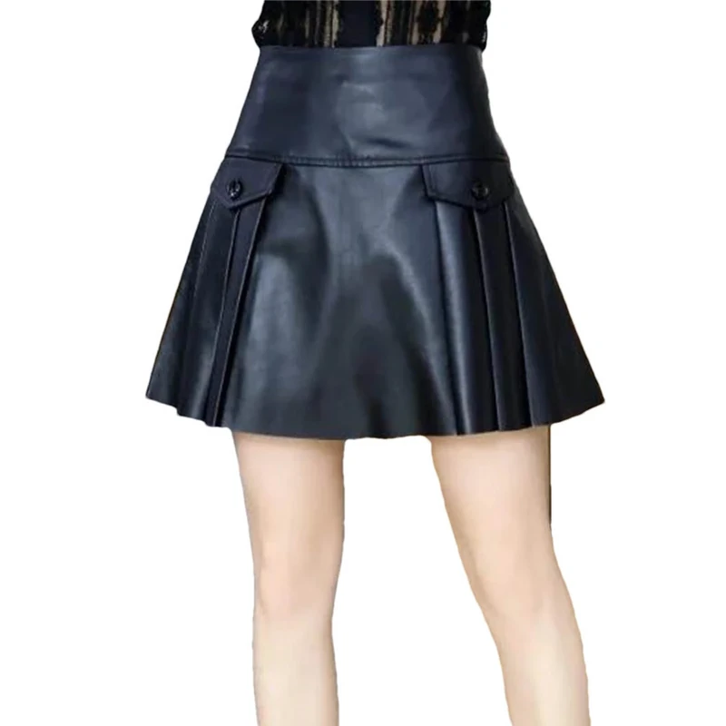 Street Sexy A Line Mini Skirt Women High Waist Umbrella Skirt Sheepskin Real Leather Pleated Skirts Black