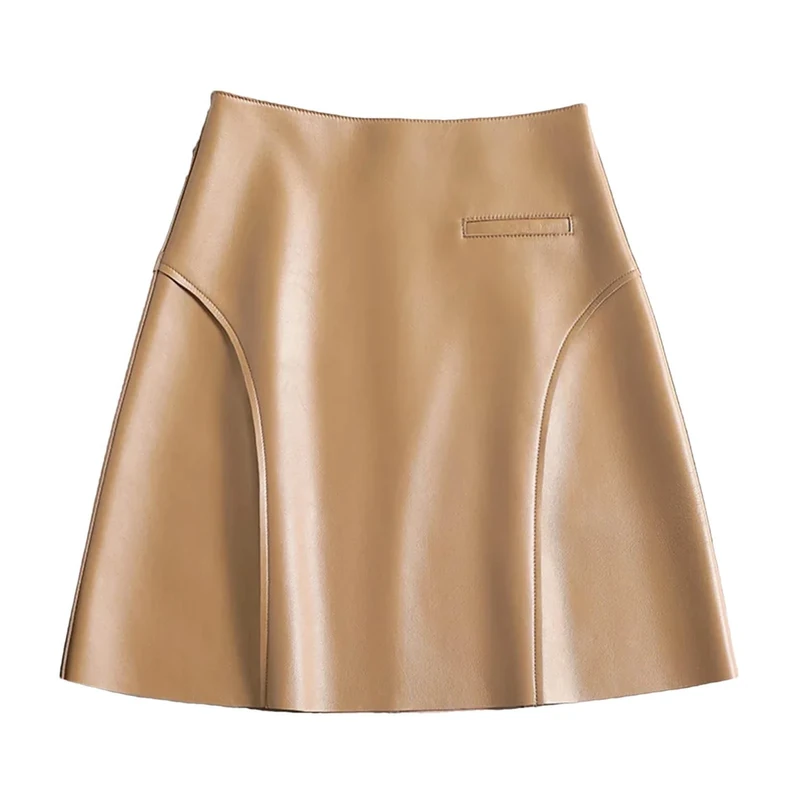 Real Leather Sexy Mini Skirt Women Spring Fashion High Waist Buttons Retro A-Line Skirt Khaki