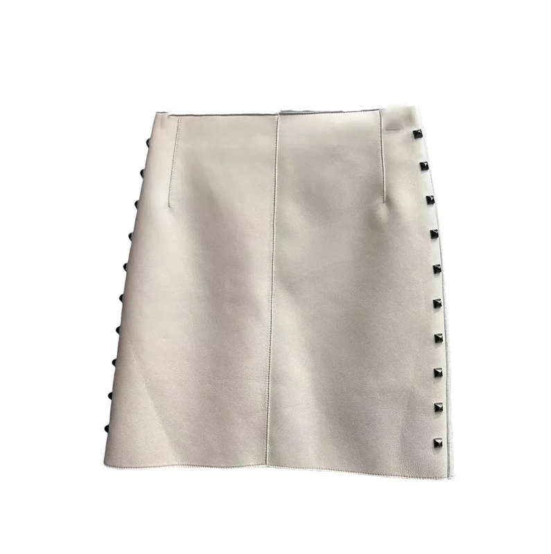 Women Chic Leather Skirts Genuine Sheepskin White Side Rivets Decoration Mini Sexy Skirts