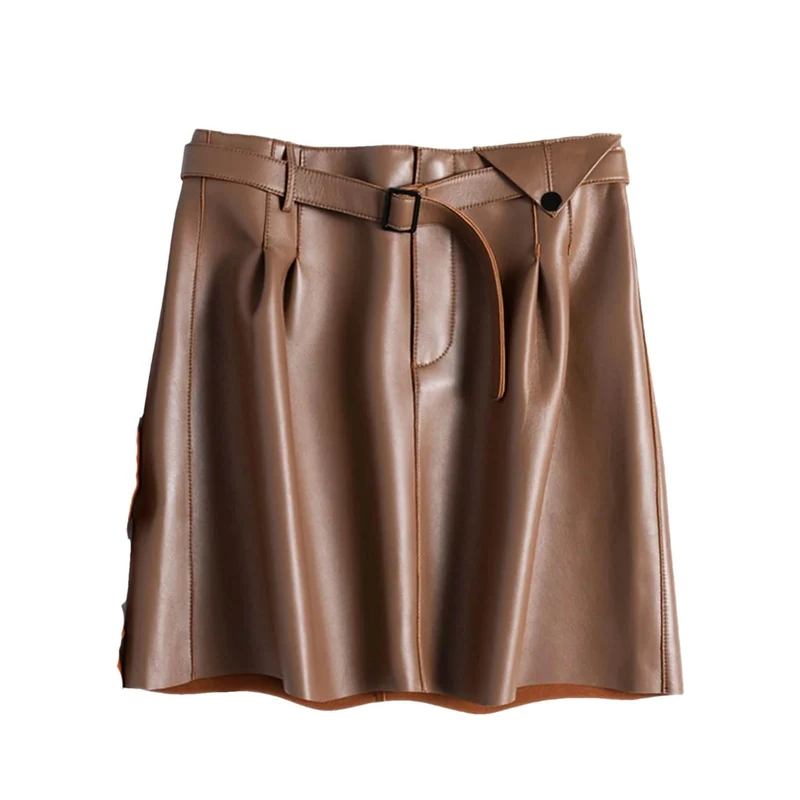 Leather Sexy Mini Skirt Women Spring South Korean Fashion High Waist Buttons Retro A-Line Skirt Belt Brown