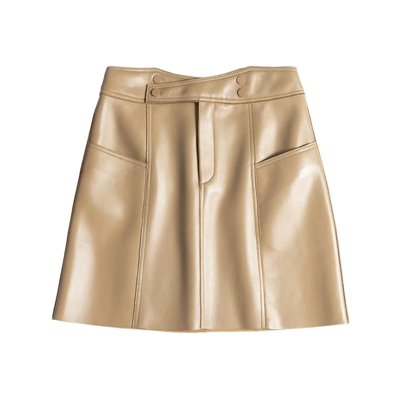 Winter Women Leather Mini Skirts Chic High Cross Waist A-Line Pocket Slim Sexy Streetwear Beige