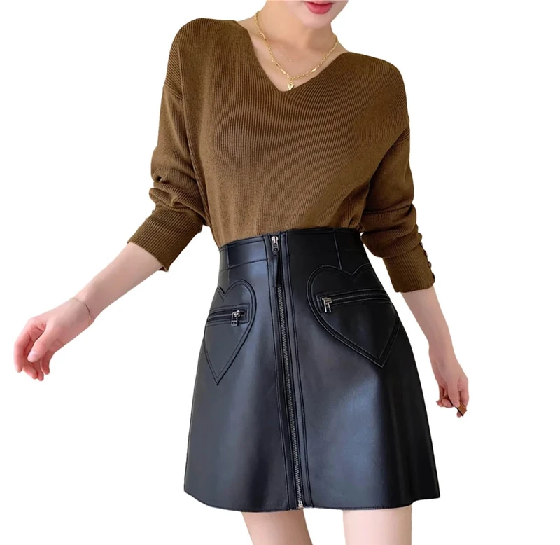 A-Line Mini Skirts Women Kawaii Heart Shape Pockets High Booty Skirts Black