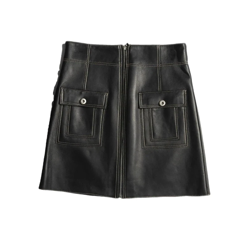 Women Harajuku Leather Skirt A-Line Sexy Mini White Chic Bright Line Zipper Pocket