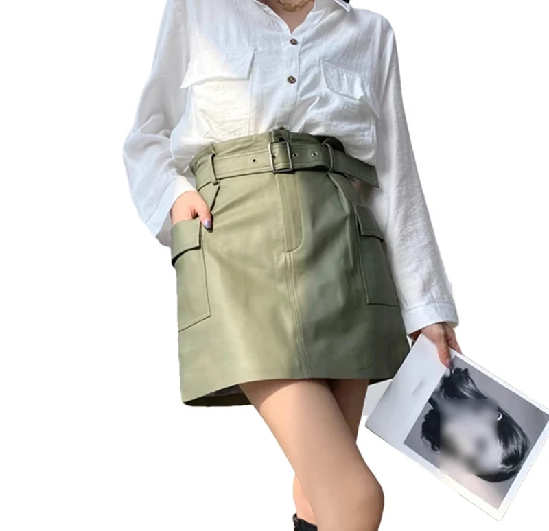Leather Sheepskin Sexy Mini Skirt Women Spring South Fashion High Waist Retro A-Line Skirt Belt Pocket