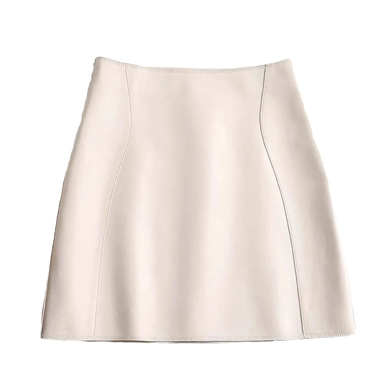 Leather Sexy Mini Skirt Women Spring High Waist A-Line Skirt High Street Ivory
