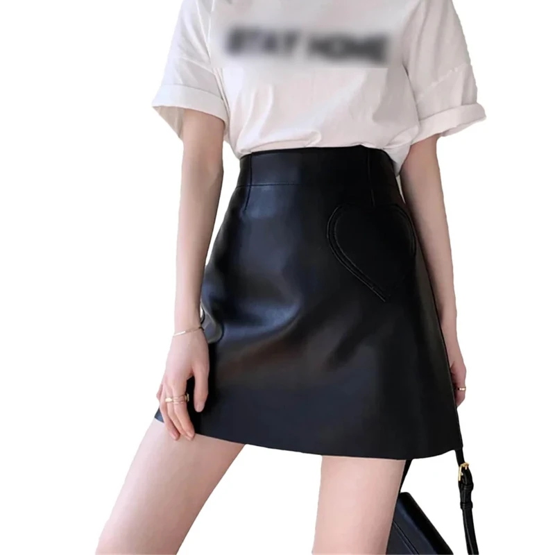 Genuine Leather Short Skirt Woman Spring High Waist A-Line Side Zipper Slimming Wrap Buttocks Sheepskin Mini Skirt Black