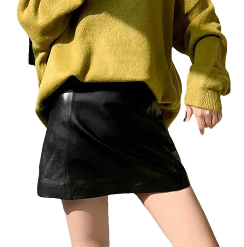Sheepskin Leather Skirt Women High Waist Skirt Spring Autumn Slim Mini Skirt Leather Shorts Black
