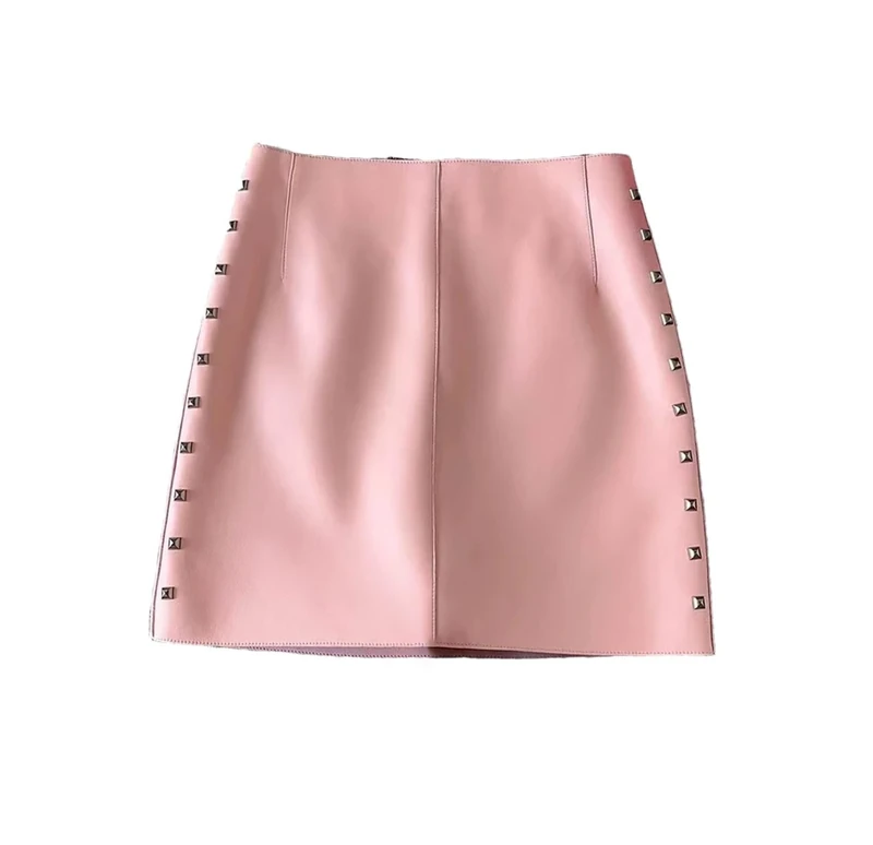 Women Chic Leather Skirts Genuine Sheepskin White Side Rivets Decoration Mini Sexy Skirts