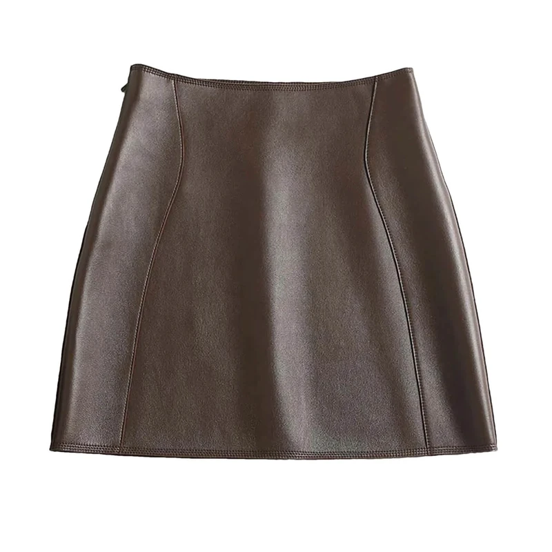 Leather Sexy Mini Skirt Women Spring High Waist A-Line Skirt High Street Brown