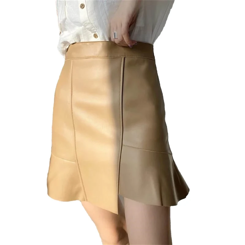 Mini Leather Fishtail Skirt Women Elegant Chic Real Lambskin Irregular Short High Waist Ruffled Khaki