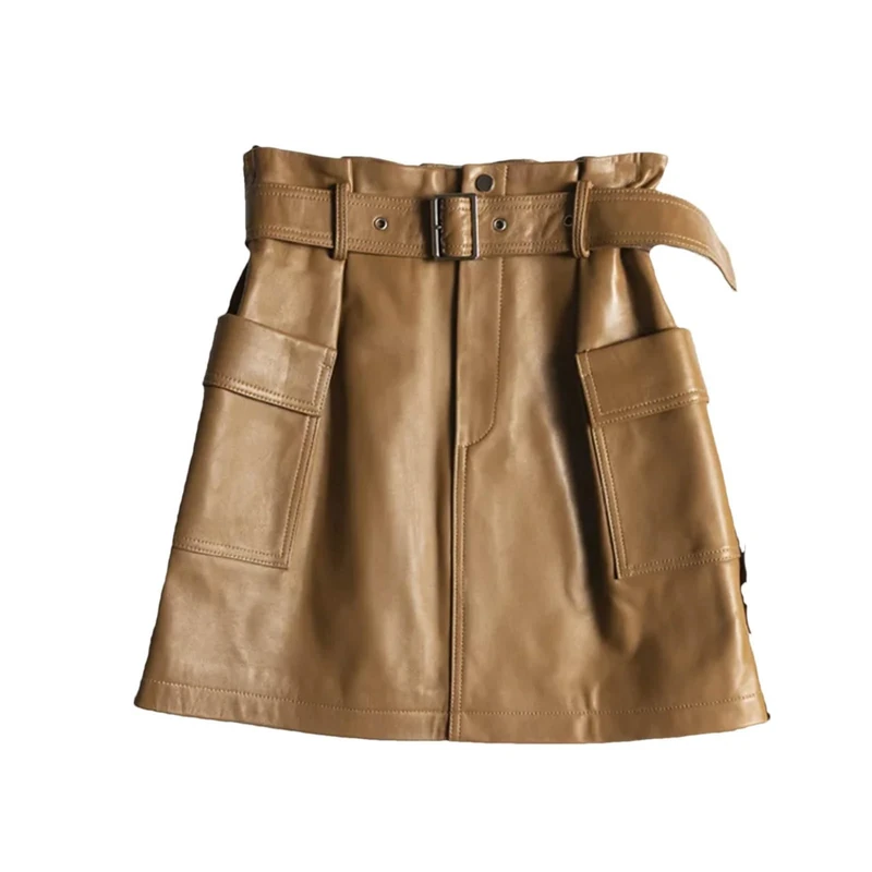 Leather Sheepskin Sexy Mini Skirt Women Spring South Fashion High Waist Retro A-Line Skirt Belt Pocket Brown