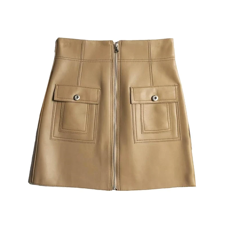 Women Harajuku Leather Skirt A-Line Sexy Mini White Chic Bright Line Zipper Pocket