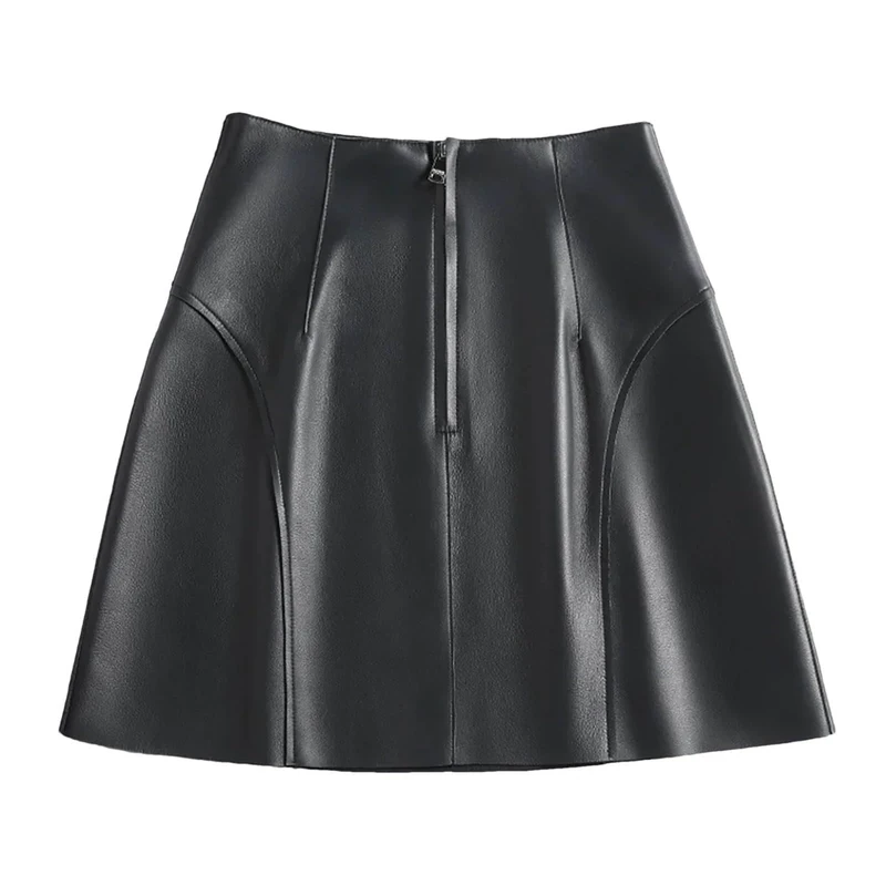 Real Leather Sexy Mini Skirt Women Spring Fashion High Waist Buttons Retro A-Line Skirt Black