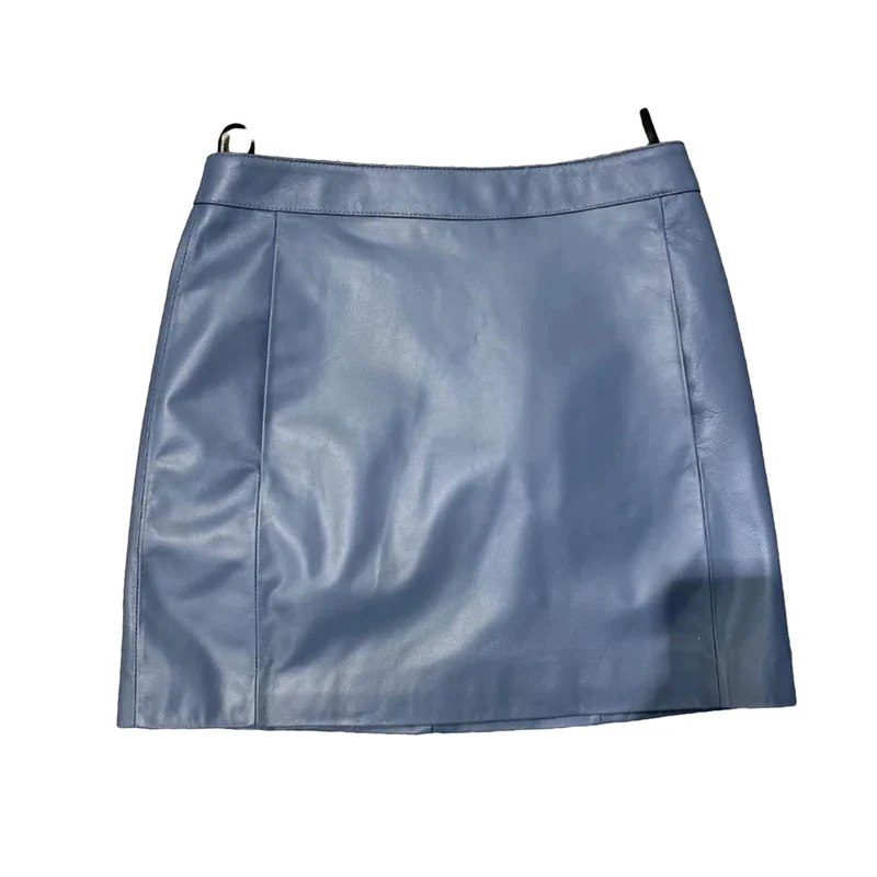 Sheepskin Leather Skirt Women High Waist Skirt Spring Autumn Slim Mini Skirt Leather Shorts Lake Blue
