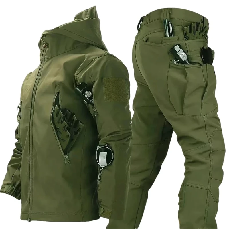Adhdyuud Men Winter Military Tactical Sets Biker Jacket Pockets Hoodie Pants 2 Piece Suits Workwear EN8 2 pcs sets 4XL for 95-105kg