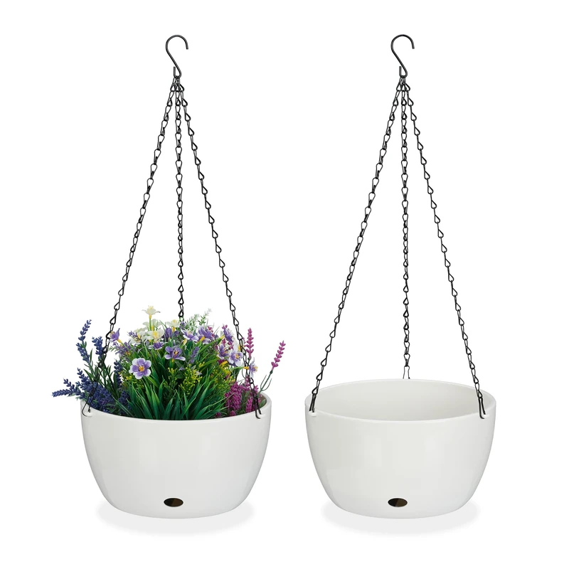 Relaxdays Set of 2 Hanging Baskets with Water Reservoir, HxØ: 67 x 28.5 cm, Out- & Indoor, Suspended Pot, Plastic, White