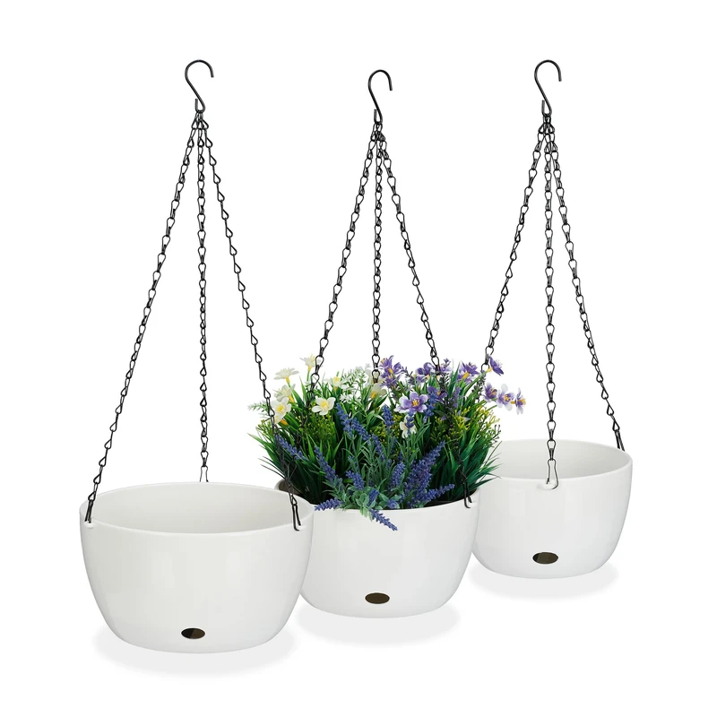 Relaxdays Set of 3 Hanging Baskets with Water Reservoir, in Three Sizes, Out- & Indoor, Suspended Pot, Plastic, White