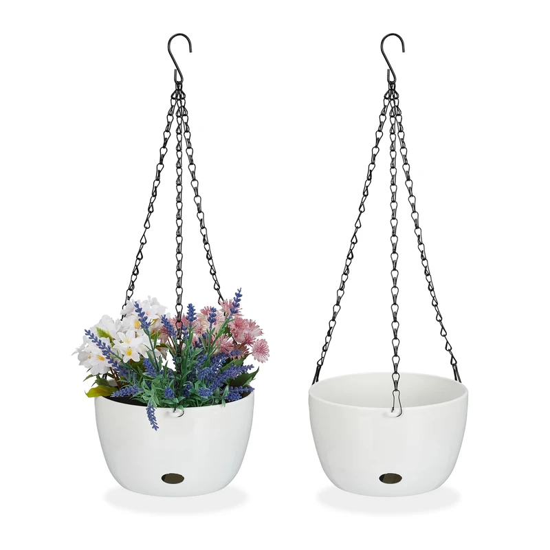 Relaxdays Set of 2 Hanging Baskets with Water Reservoir, HxØ: 56 x 20.5 cm, Out-& Indoor, Suspended Pot, Plastic, White, 56 x 20.5 x 20.5 cm