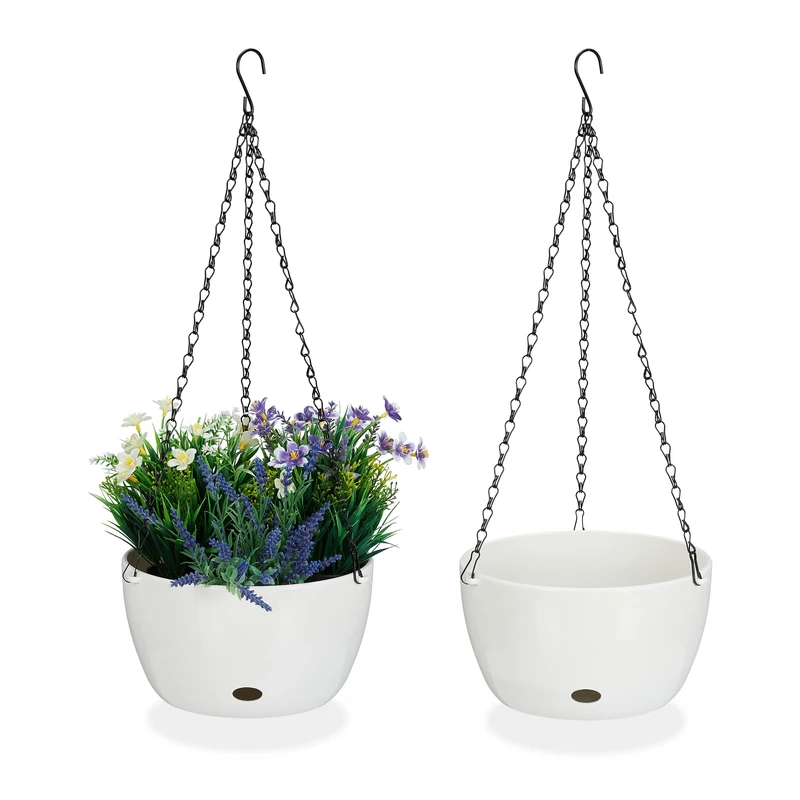 Relaxdays Set of 2 Hanging Baskets with Water Reservoir, HxØ: 60 x 24 cm, Out-& Indoor, Suspended Pot, Plastic, White, 64 x 24 x 24 cm