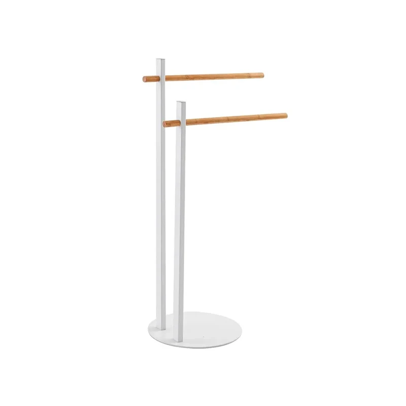 Bathroom Towel Rail - Floor Towel Holder for Bathroom with 2 Hooks, Metal and Bamboo, 22 x 80.5 x 22 cm, White and Beige