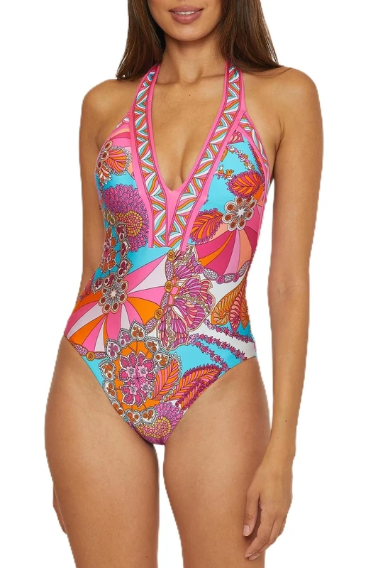 Trina Turk Women's Meilani One Piece Swimsuit, Plunge Neck, Floral Print, Bathing Suits, Multicolor, 6