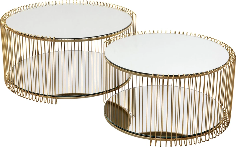 Kare Design Wire Double Coffee Table (Set of 2), Brass, Diameter 70 cm, Elegant, Living Room Table, Side Table, Steel Frame, Sofa Table, Mirror Table, 34 x 70 x 70 cm (H x W x D)