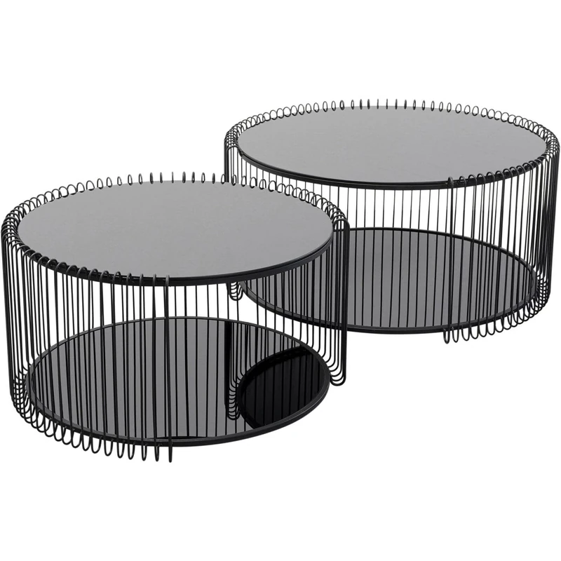 KARE Design Side Table Wire Double Black, Set of 2, Modern, Steel, Glass, Gift Idea, Round Bedside Table, Room Decor, Home Decor, Living Room, 34 x 70 x 70 cm, 32 x 60 x 60 cm (H/W/D)