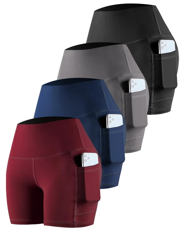 CHRLEISURE 4 Packs Spandex Yoga Shorts with Pockets for Women, High Waisted Workout Booty Shorts, 4 Packs - Black/Gray/Navy /Burgundy, L