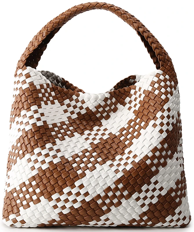 Queenoris Fashion Woven Purse for Women Top-handle Shoulder Bag Soft Summer Hobo Tote Bag, Brown and White Contrasting