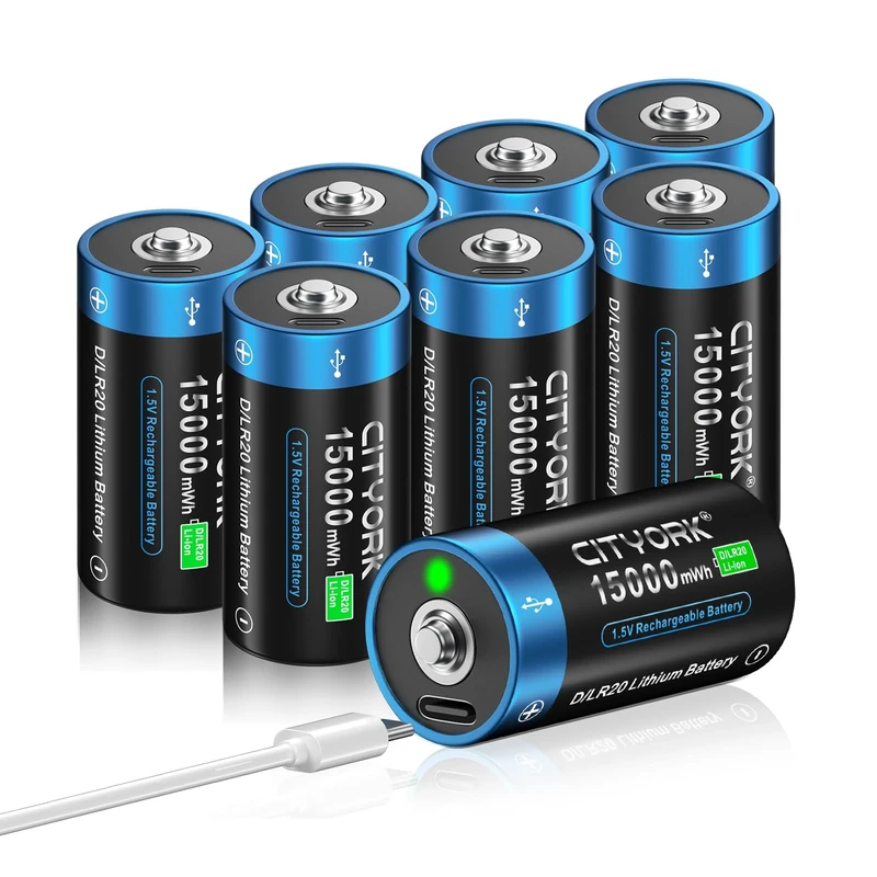 CITYORK 15000 mWh 1.5 V USB D Battery Rechargeable with USB-C Charging Cable (Pack of 8), Lithium-Ion Rechargeable USB D Battery, Mono D LR20 Battery Cells, Over 1000 Cycles and Recyclable - No Memory