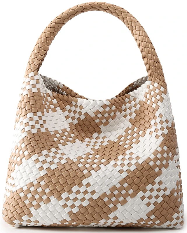 Queenoris Woven bag for women, Apricot and White Contrasting