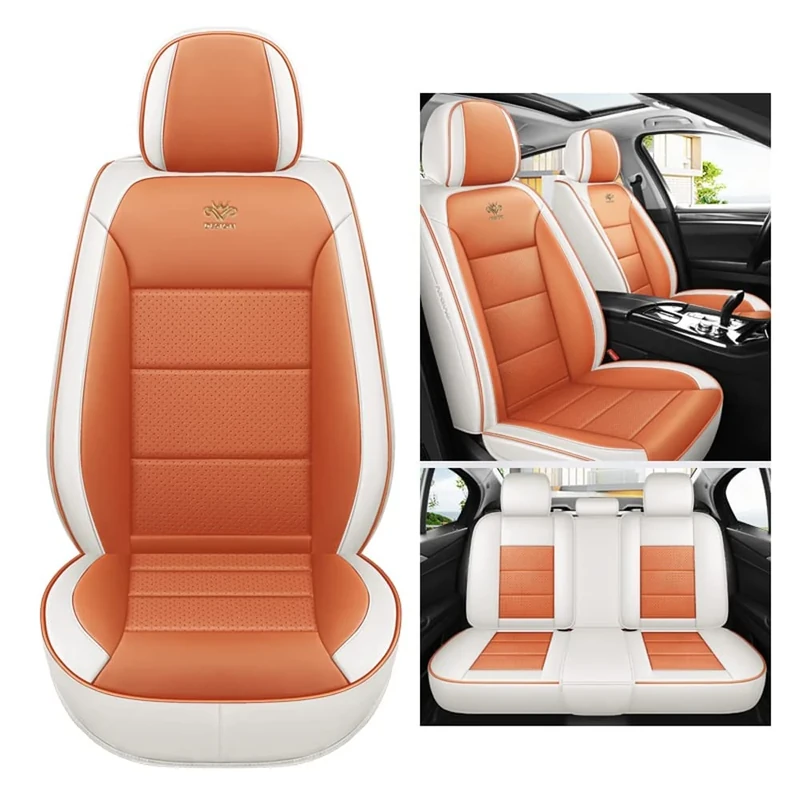 MLINGK Car Seat Covers Fit For Fiat 500 500C 500e 500L 500X 600 Genuine leather waterproof and breathable 5-seat seat cover auto parts，White orange