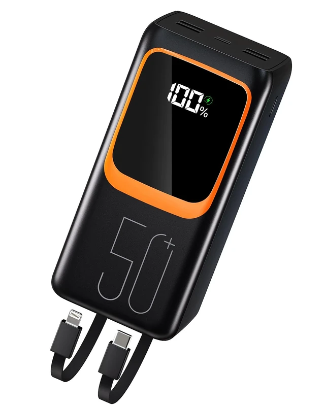 Power Bank 50000mAh Portable Charger with Built-in Cable: 22.5 W Fast Charging External Battery - Powerbank with 7 Outputs & 3 Inputs and Flashlight