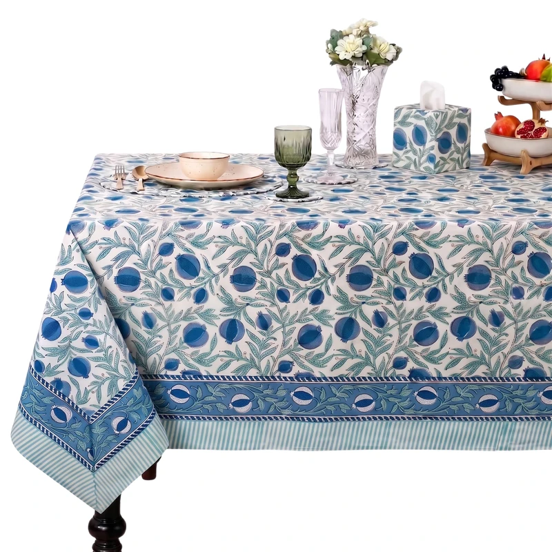 Ridhi Queen Blue Hand Block Print Cotton Rectangle Tablecloth 140" x 72" inches Reusable Table Cover Decorative Everyday Use for Dining Room, Farmhouse, Home Gift for Spring, Mother's Day