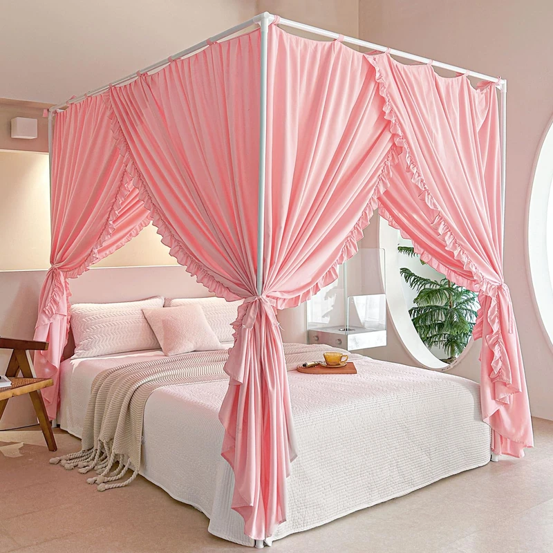 AIKASY Princess Canopy Bed Curtains with Top Ties - Windproof & Lightproof for Girls' Adult Bedroom Decor | Bed Canopy Drapes (Twin,Pink)