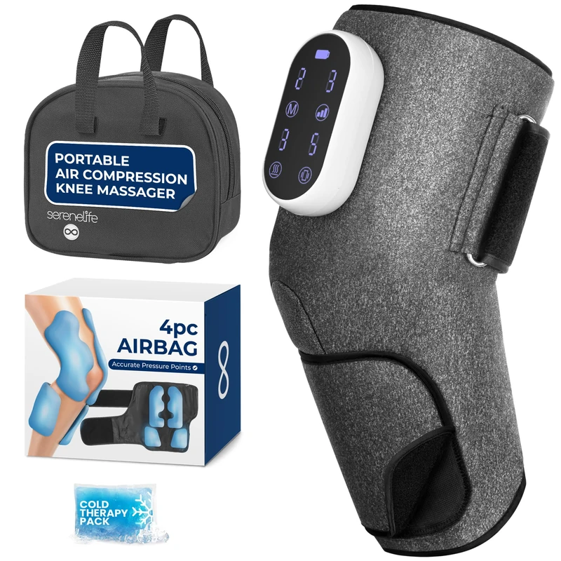 SereneLife Air Leg Massager for Knee, Massage with 4 Vibrations, 2 Heat Levels Up to 45°C, 4 Airbags, LED Controller, Cold Pack for Pain Relief