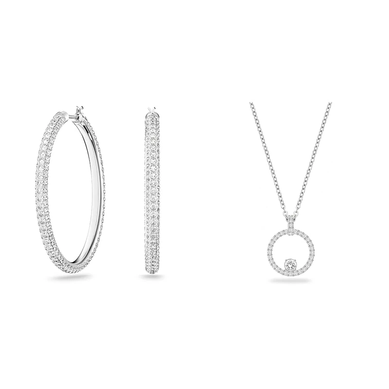 Swarovski Stone hoop earrings, White, Rhodium plated & Creativity pendant, Circle, White, Rhodium plated
