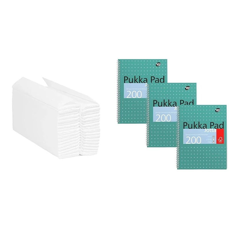 Blake & White PS1022 Purely Smile C-Fold Hand Towel White | 2 Ply | Case of 2400 Towels White & Pukka Pad, A4 Metallic Jotta Book 3 Pack – 21 x 30cm – Wirebound Notebook