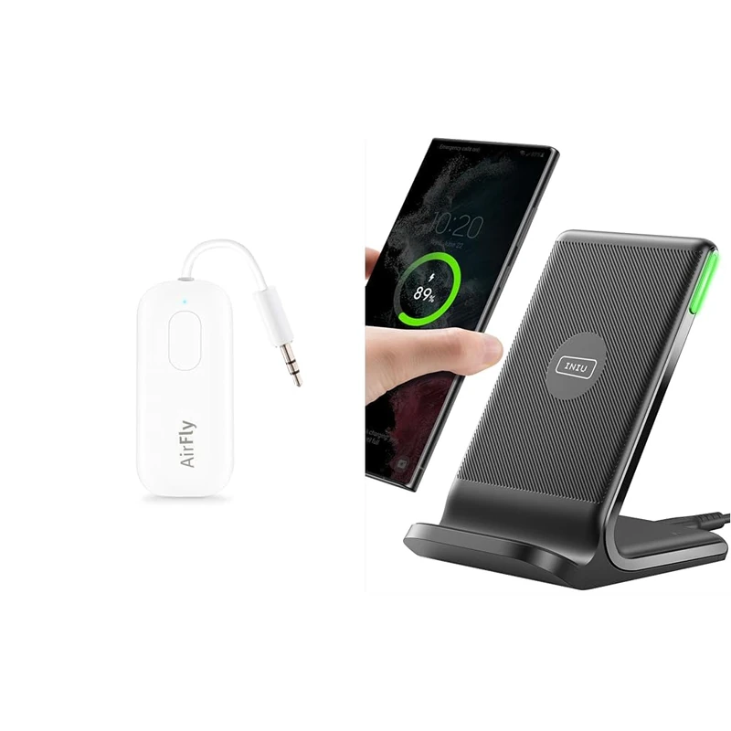 Twelve South AirFly Pro | Wireless transmitter/receiver with audio sharing for up to 2 AirPods & INIU Wireless Charger, 15W Fast Wireless Charging Stand Qi Certified Sleep-friendly Adaptive Light