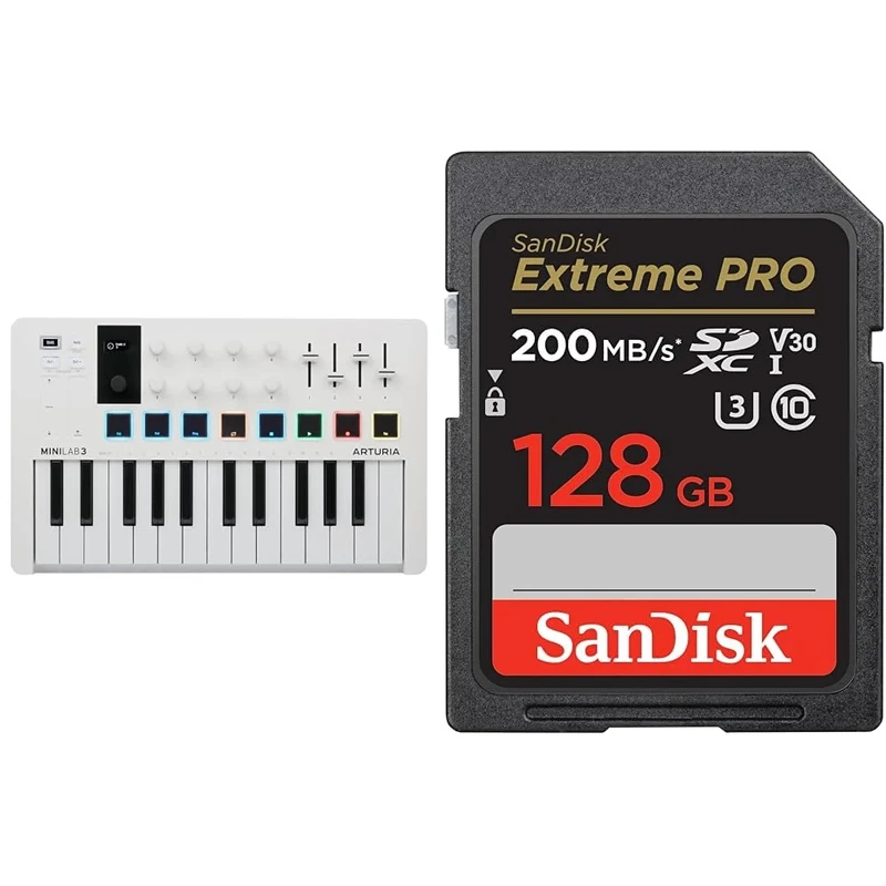 Arturia - MiniLab 3 - Universal MIDI Controller for Music Production & SanDisk 128GB Extreme PRO SDXC card + RescuePRO Deluxe, up to 200MB/s, UHS-I, Class 10, U3, V30